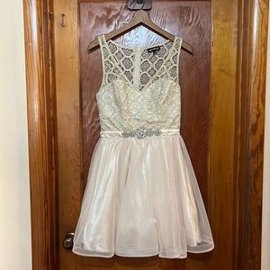 Champagne color, size 7 homecoming dress, brand is Sequin Hearts